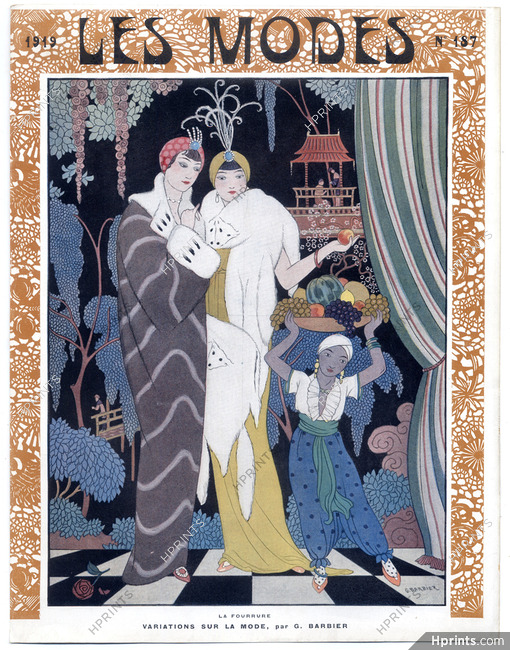 George Barbier 1919 "Variations sur la mode" Fur Coat, Art Deco Style, Japanese Garden