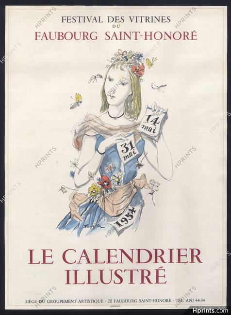 Tsugouhoru Foujita 1954 Vitrines Faubourg Saint-Honoré, "Le calendrier illustré", Poster Art, Lithography Mourlot