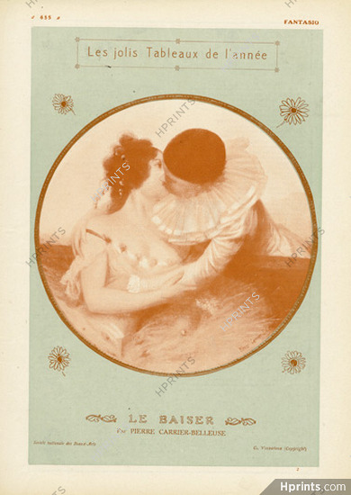 Pierre Carrier-Belleuse 1911 "Le Baiser", Lovers, Kiss, Pierrot and Columbine