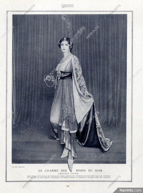 Lucile 1913 Evening Gown,Feathers and Pearls Hairstyle, Photo Henri Manuel