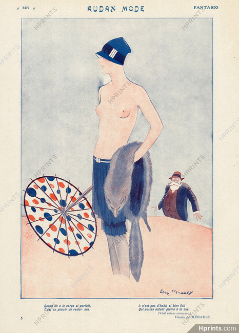 Pierre Herault 1927 "Audax Mode" Beach, Topless Girl, Fox Fur