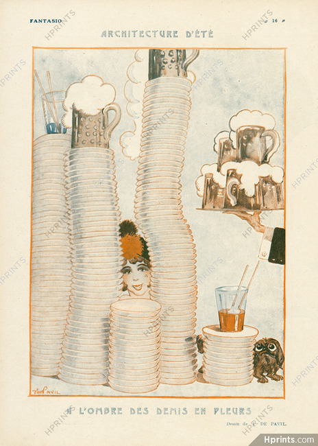 J. de Pavil 1922 "A l'ombre des demis en pleurs" Pints of Beer, Pekingese Dog