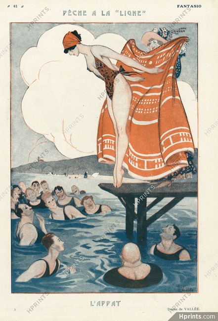 Armand Vallée 1922 "Pêche à la ligne" Bathing Beauty, Swimmer