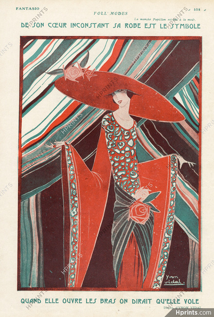 Yvon Vidal 1922 Foll'modes, Fashion Dress Butterfly Sleeves, Art Deco