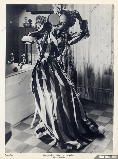 Hermès (Couture) 1946 Housecoat, Photo Maurice Tabard, hairstyle