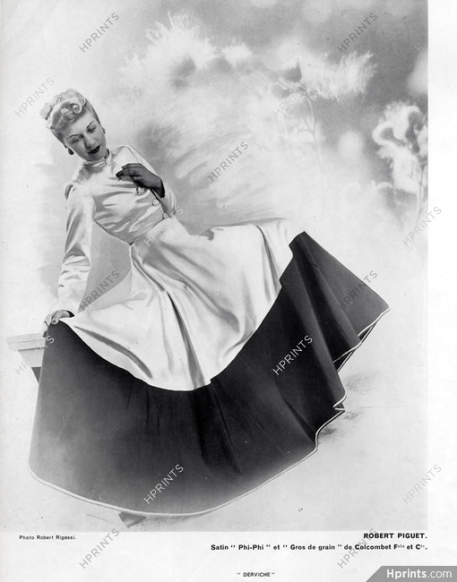 Robert Piguet 1939 black and white Satin Evening Gown