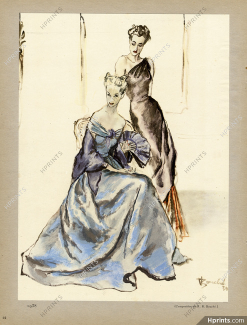 René Bouché 1938 Fashion Illustration, Evening Gowns