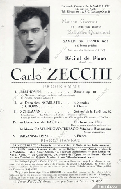 Carlo Zecchi (pianiste) 1925 Récital program