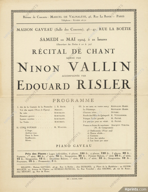 Ninon Vallin & Edouard Risler 1924 Program Récital de Chant