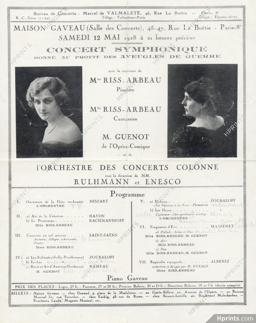 Mme & Mlle Riss-Arbeau 1928 Program concert, Rulhmann, Georges Enesco