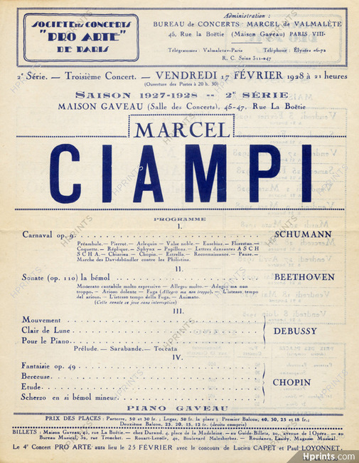 Marcel Ciampi (Pianist) 1927 Program Récital Schumann, Beethoven, Debussy, Chopin
