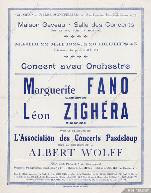 Marguerite Fano (Cantatrice) & Léon Zighéra (Violoniste) 1928 Program