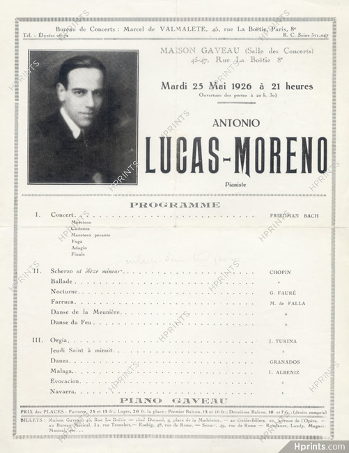 Antonio Lucas-Moreno (Pianist) 1926 Program, Portrait