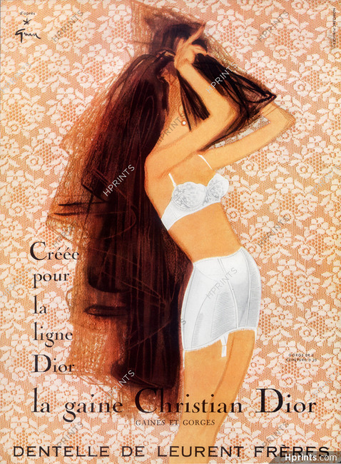 Christian Dior (Lingerie) 1957 (version B), René Gruau, Girdle, Bra, Lace Leurent Frères