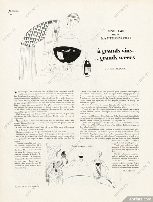 À Grands Vins, Grands Verres, 1928 - Charles Martin Wine, Texte par Paul Reboux