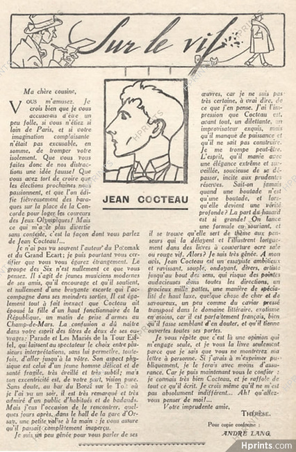 Sur le Vif - Jean Cocteau, 1924 - Caricature, Reviews, Texte par André Lang