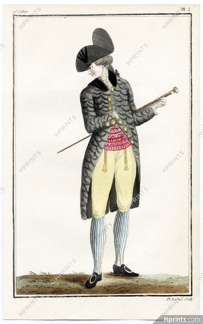 Cabinet des Modes 1 Avril 1786, 10° cahier, planche I, Jeune Homme portant un frac gris