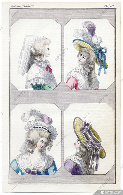 Cabinet des Modes 1 Décembre 1785, 2° cahier, planche III, Fashion Illustration (hats)