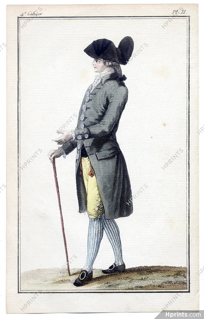 Cabinet des Modes 1 Janvier 1786, 4° cahier, planche II, Homme en surtout, couleur de cul-de-bouteille