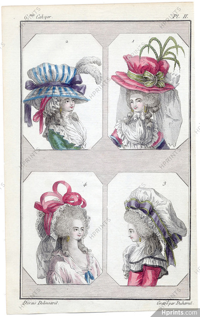 Cabinet des Modes 1 Février 1786, 6° cahier, planche II, Claude-Louis Desrais, Fashion Illustration (hats)