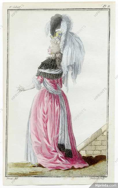 Cabinet des Modes 1 Mars 1786, 8° cahier, planche II, Claude-Louis Desrais, Femme en robe à l'anglaise
