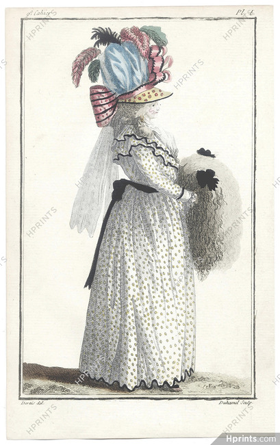 Cabinet des Modes 15 Mars 1786, 9° cahier, planche I, Claude-Louis Desrais, Cephise portant casque à la Bellone