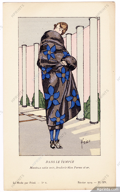 Fried 1919 Evening Satin Coat, Blue Embroidery, Art Deco Pochoir