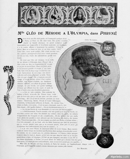 Mlle Cléo de Mérode à l'Olympia dans Phryné, 1904 - Photos Reutlinger, Texte par Léo Marchès