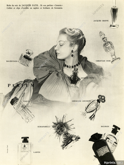 Parfum 1951 Jacques Fath Evening Dress and perfume Canasta, Roger Scémama, Photo Georges Saad