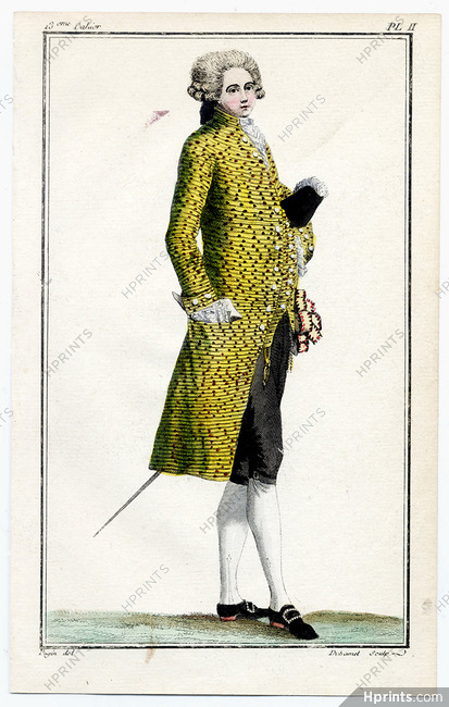 Cabinet des Modes 15 Mai 1786, 13° cahier, planche II, Homme en habit et veste de velours, Pugin