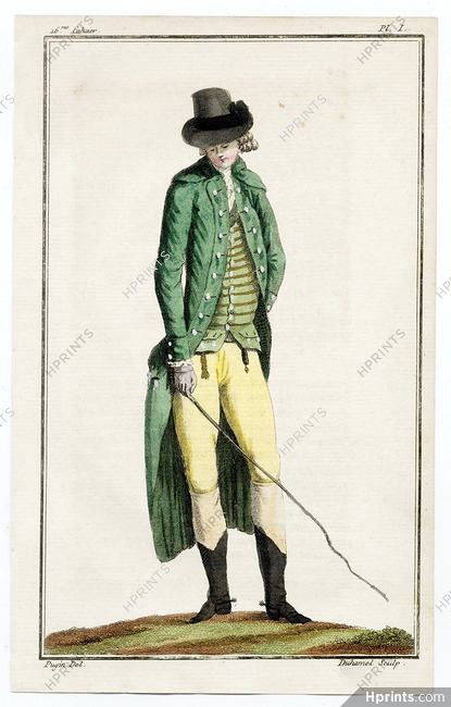 Cabinet des Modes 1 Juillet 1786, 16° cahier, planche I, Homme prêt à monter à cheval, horseman, Pugin
