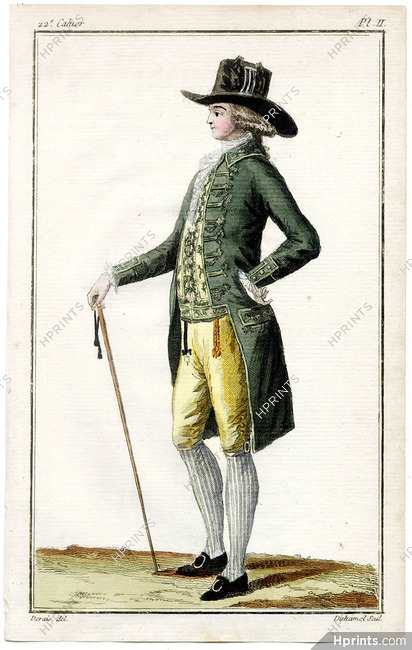 Cabinet des Modes 1 Octobre 1786, 22° cahier, planche II, Jeune homme en frac vert dragon, Claude-Louis Desrais