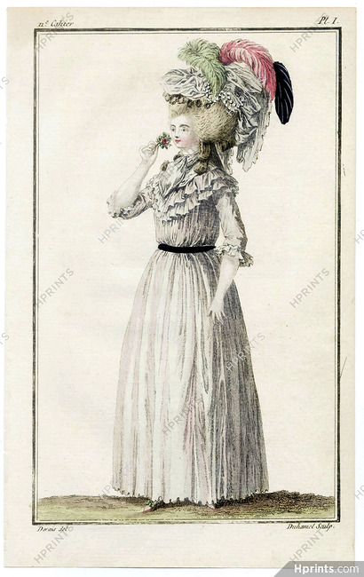 Cabinet des Modes 15 Avril 1786, 11° cahier, planche I, Jeune personne vêtue d'une robe de gaze, Claude-Louis Desrais