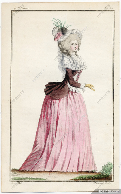 Cabinet des Modes 15 Août 1786, 19° cahier, planche II, Femme en caraco puce