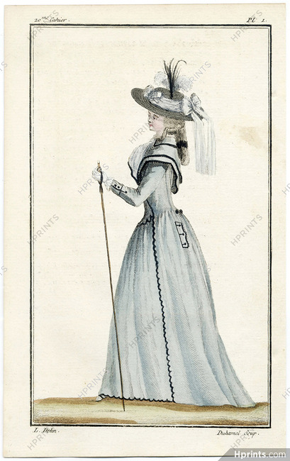 Cabinet des Modes 1 Septembre 1786, 20° cahier, planche I, Femme en redingote de taffetas