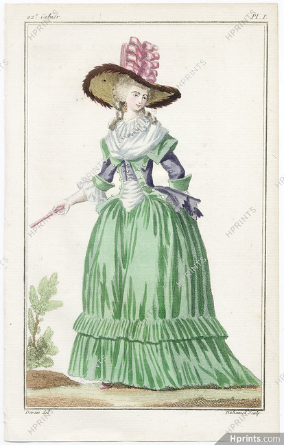 Cabinet des Modes 1 Octobre 1786, 22° cahier, planche I, Femme en caraco à la Cauchoise, Claude-Louis Desrais