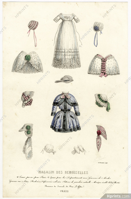 Magasin des Demoiselles 25 Décembre 1848, Objets de mode, Robe de baptême, Bonnets, Pèlerines, Pardessus de garçon...