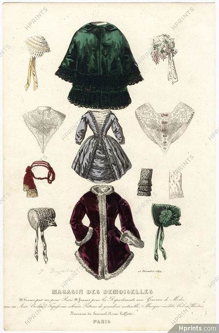 Magasin des Demoiselles 25 Décembre 1849, Planche de modes variées, Bonnets, Pardessus, Robe de petite fille, Sous-manche