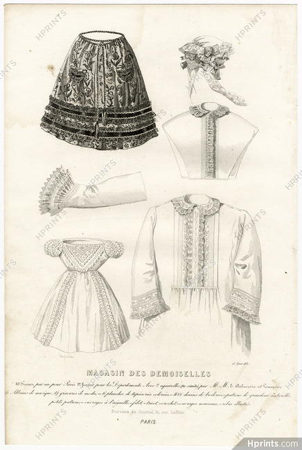 Magasin des Demoiselles 25 Août 1851, Planche de détails, tablier de Damas, col à jabot, robe d'enfant, chemise de nuit
