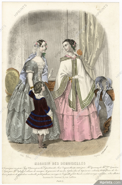 Magasin des Demoiselles 25 Décembre 1851, Anaïs Toudouze, Toilette de dame (corsage à basques Louis XV), Toilette de soirée de jeune fille, petit garçon Blouse Henri II