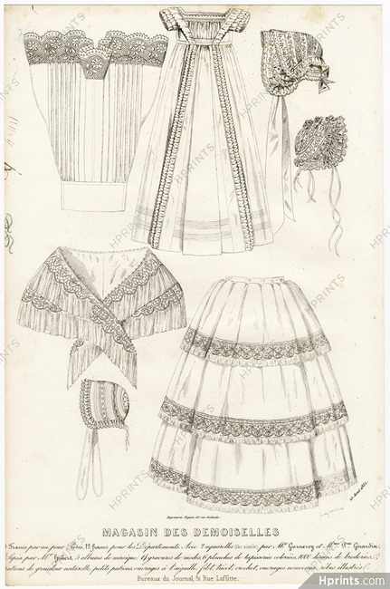 Magasin des Demoiselles 25 Août 1852 Objets de mode et de lingerie, Chemisette, Robe de maillot, Mantelet de soie, Jupe garnie, Bonnets