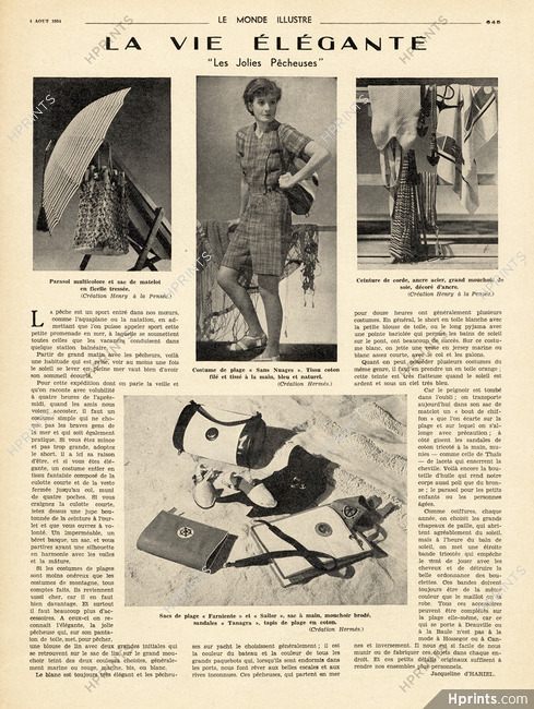La Vie Élégante, 1934 - Hermès Costume de Plage, Sacs de plage, Beachwear, Text by Jacqueline d'Hariel