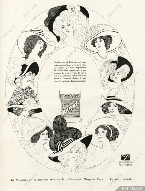 Malaceïne 1911 Maximilian Fischer, Fashion Illustration hats, Portrait
