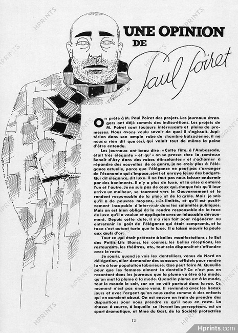 Une opinion de Paul Poiret, 1934 - Robert Falcucci, Texte par Paul Poiret, 2 pages