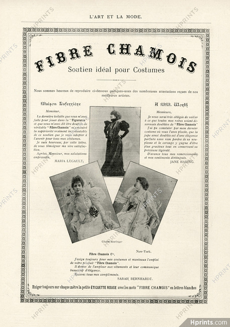 Fibre Chamois 1897 Maria Legault, Jane Hading, Sarah Bernhardt