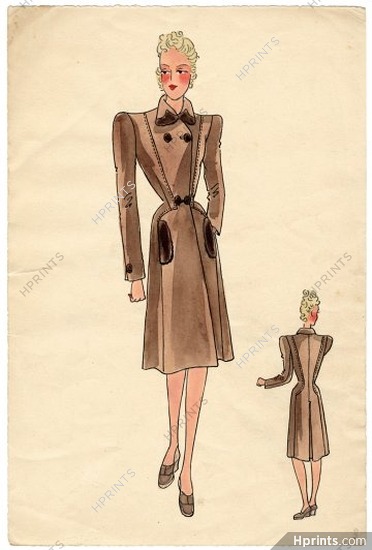 Robert Piguet 1943 Original Fashion Drawing