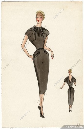 Robert Piguet 1939 Sleeveless Dress, Original Fashion Drawing