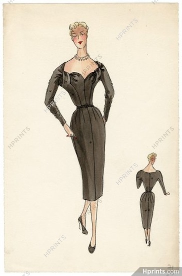 Robert Piguet 1939 Dress long sleeves, Original Fashion Drawing