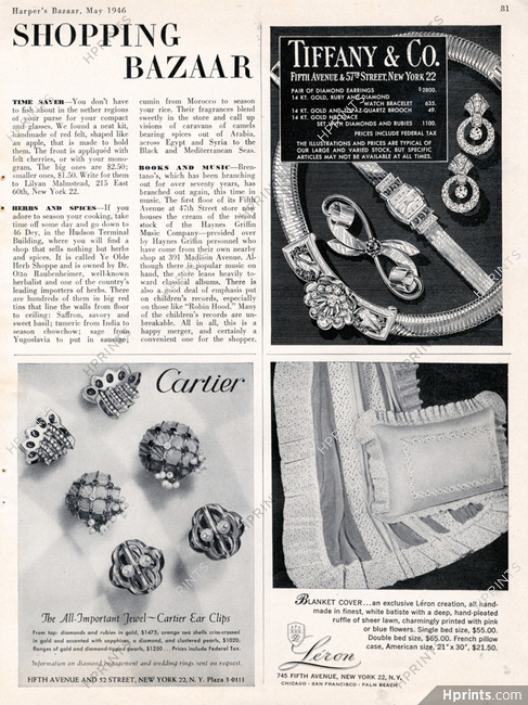 Cartier (clips) & Tiffany & Co. (necklace, brooch, earrings) 1946