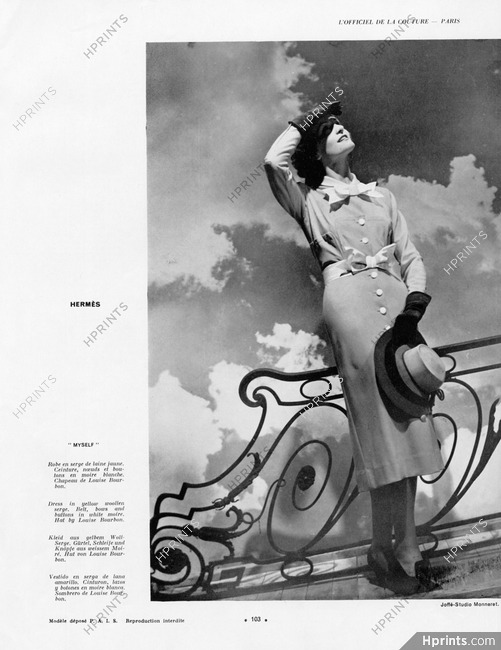 Hermès (Couture) 1938 Dress in woolen, Louise Bourbon (millinery), Photo Joffé
